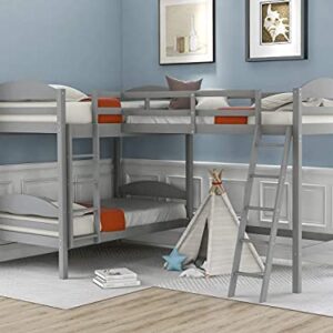 STP-Y Twin Over Twin Bunk Bed with 2 Ladders, Twin L-Shaped Bunk Bed and Loft Bed with Full-Length Guardrail, 3 Solid Wooded Bed Frames for Kids (Gray)