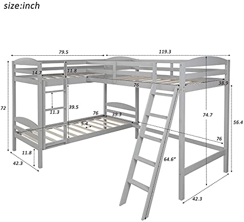 STP-Y Twin Over Twin Bunk Bed with 2 Ladders, Twin L-Shaped Bunk Bed and Loft Bed with Full-Length Guardrail, 3 Solid Wooded Bed Frames for Kids (Gray)