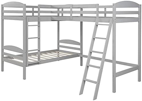 STP-Y Twin Over Twin Bunk Bed with 2 Ladders, Twin L-Shaped Bunk Bed and Loft Bed with Full-Length Guardrail, 3 Solid Wooded Bed Frames for Kids (Gray)