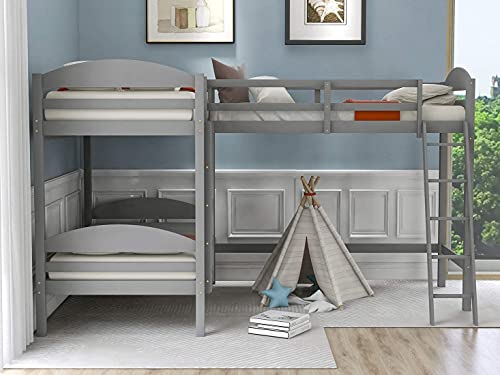 STP-Y Twin Over Twin Bunk Bed with 2 Ladders, Twin L-Shaped Bunk Bed and Loft Bed with Full-Length Guardrail, 3 Solid Wooded Bed Frames for Kids (Gray)