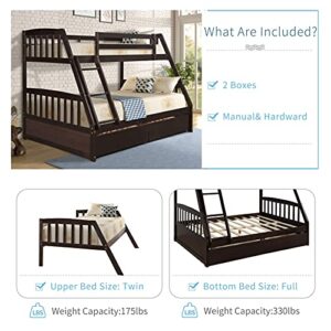 STP-Y Bunk Bed, Bunk Bed Junior Similitude Twin-Over-Full Bed Solid Wood with Two Storage Drawers Similitude Bunk Bed Heavy Duty Bed with Ladder and Guard Rail Space-Saving Design Detachable Low Bed