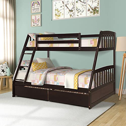 STP-Y Bunk Bed, Bunk Bed Junior Similitude Twin-Over-Full Bed Solid Wood with Two Storage Drawers Similitude Bunk Bed Heavy Duty Bed with Ladder and Guard Rail Space-Saving Design Detachable Low Bed