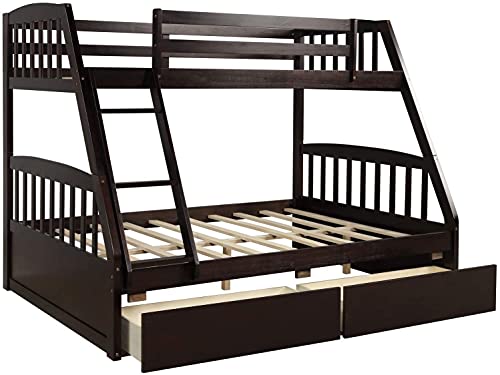 STP-Y Bunk Bed, Bunk Bed Junior Similitude Twin-Over-Full Bed Solid Wood with Two Storage Drawers Similitude Bunk Bed Heavy Duty Bed with Ladder and Guard Rail Space-Saving Design Detachable Low Bed