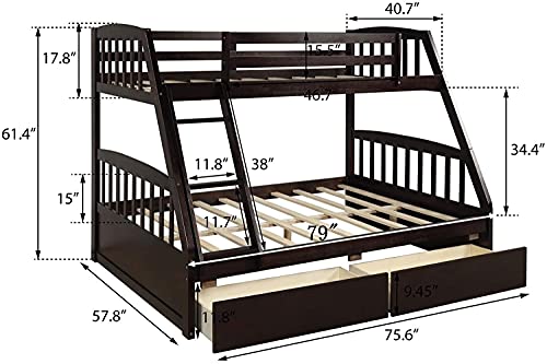 STP-Y Bunk Bed, Bunk Bed Junior Similitude Twin-Over-Full Bed Solid Wood with Two Storage Drawers Similitude Bunk Bed Heavy Duty Bed with Ladder and Guard Rail Space-Saving Design Detachable Low Bed