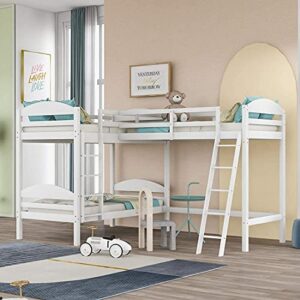stp-y twin over twin bunk bed with 2 ladders, twin l-shaped bunk bed and loft bed with full-length guardrail, 3 solid wooded bed frames for kids (white)