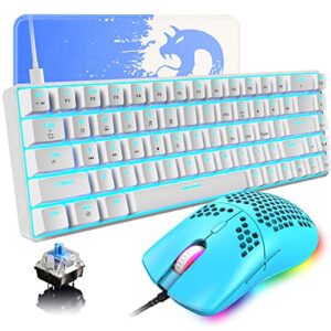 keyboard and mouse gaming set, 68 keys blue switch 60% mini blue backlit mechanical keyboard white, 6400dpi 7 buttons lightweight programmable mouse green, usb wired, compatible with windows mac ps4