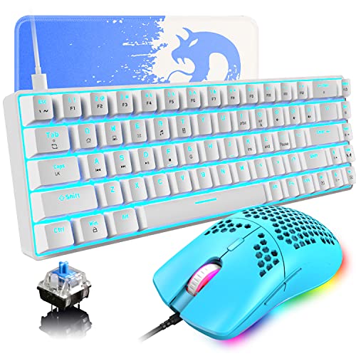 Keyboard and Mouse Gaming Set, 68 Keys Blue Switch 60% Mini Blue Backlit Mechanical Keyboard White, 6400DPI 7 Buttons Lightweight Programmable Mouse Green, USB Wired, Compatible with Windows Mac PS4