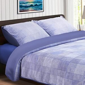 bedspick velvet duvet cover set full size 3 pieces, navy blue soft reversible comforter cover sets, plaid striped duvet cover, 1 duvet cover 80x90 inches and 2 pillow sham