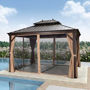 PURPLE LEAF 10' X 12' Hardtop Gazebo Canopy for Patio Deck Backyard Heavy Duty Outside Sunshade with Netting and Curtains Outdoor Permanent Metal Pavilion