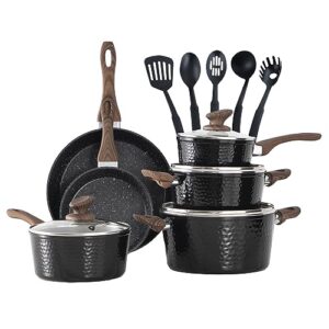 MAISON ARTS Pots and Pans Set, 15 Piece Kitchen Cookware Sets with Nonstick Granite-Coated for Induction & Dishwasher Safe, Oven, Stovetop, Black