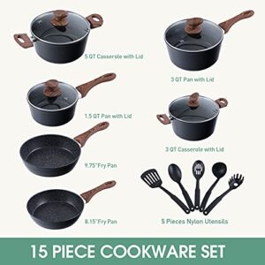 MAISON ARTS Pots and Pans Set, 15 Piece Kitchen Cookware Sets with Nonstick Granite-Coated for Induction & Dishwasher Safe, Oven, Stovetop, Black