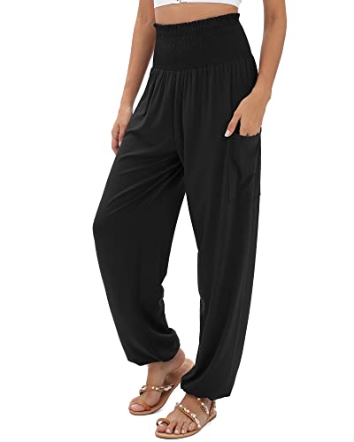 QIANXIZHAN Women's Harem Pants, High Waist Yoga Boho Trousers with Pockets Black 2XL