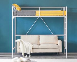 vingli twin loft bed with guard rail flat ladder rung, metal loft bunk bed frame for kids and young teens, no box spring required, white