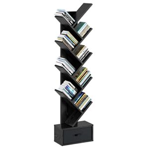 Rolanstar Bookshelf with Drawer,9 Shelf Tree Bookshelf,Retro Bookcase,Wooden Storage Rack for CDs/Movies/Books, Utility Organizer Shelves for Bedroom, Living Room, Home Office
