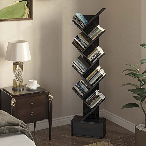 Rolanstar Bookshelf with Drawer,9 Shelf Tree Bookshelf,Retro Bookcase,Wooden Storage Rack for CDs/Movies/Books, Utility Organizer Shelves for Bedroom, Living Room, Home Office