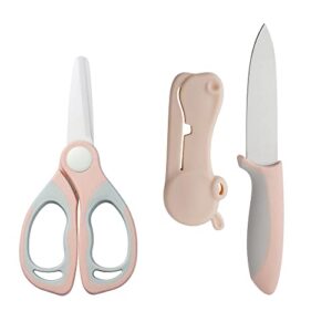 DAMPEN Ceramic Scissors with Ceramic Knife Sets Soft-grip Handles,Safety Healthy ,Kitchen Scissors for Baby Food Kids Food (PINK)