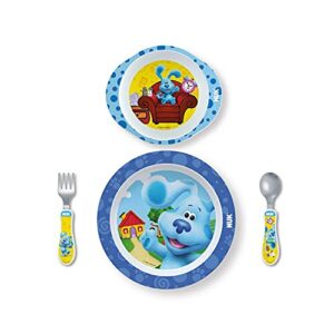 nuk blue's clues kids dinnerware bundle | includes baby spoon, fork, plate and bowl for toddlers 12+ months