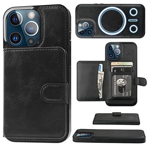 Bocasal Wallet Case for iPhone 13 Pro Compatible with MagSafe Magnetic RFID Blocking Detachable Premium PU Leather Flip Case with Card Slots Holder Kickstand Wireless Charging 6.1 Inch (Black)