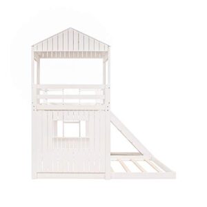 Merax House Shaped Solid Wood Bunk Bed with Roof, Window, Guardrail and Ladder for Kids, Teens, Girl or Boys