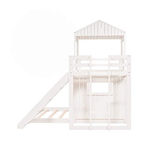 Merax House Shaped Solid Wood Bunk Bed with Roof, Window, Guardrail and Ladder for Kids, Teens, Girl or Boys