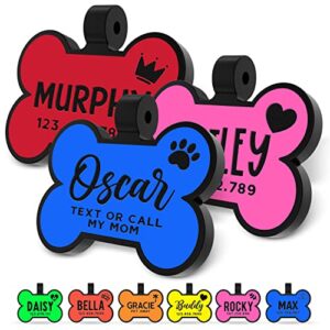 silent & double sided, deep engraved dog tags personalized, rich customization, glow in the dark durable silicone pet id tag, never fades, 8 colors & fonts, 25 icons, bone shaped