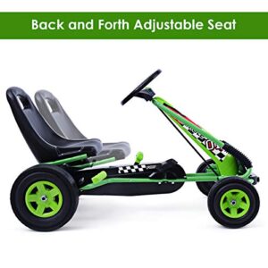 Costzon Go Kart for Kids, 4 Wheel Off-Road Pedal Go Cart w/Adjustable Seat, Steering Wheel, 2 Safety Brakes, EVA Rubber Tires, Ride-On Toys for Boys & Girls, Outdoor Racer Ride On Pedal Car (Green)