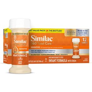 similac 360 total care sensitive infant formula, with 5 hmo prebiotics, for fussiness & gas due to lactose sensitivity, non-gmo, baby formula, ready-to-feed, 2-fl-oz (case of 12)