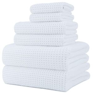 polyte oversize, 60 x 30 in., quick dry lint free microfiber bath towel set, 6 piece (white, waffle weave)