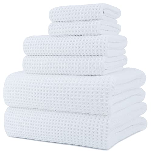 POLYTE Oversize, 60 x 30 in., Quick Dry Lint Free Microfiber Bath Towel Set, 6 Piece (White, Waffle Weave)