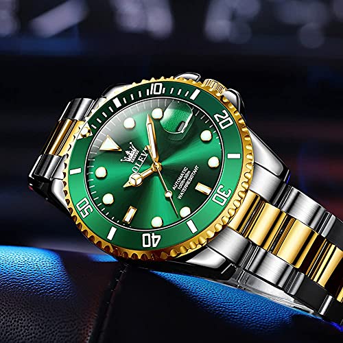 OLEVS Self Winding Watches for Men Green Big Dial Pro Diver Automatic Watch Stainless Steel Waterproof Men Wrist Watch with Silver Gold Tone Watch Men