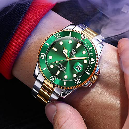 OLEVS Self Winding Watches for Men Green Big Dial Pro Diver Automatic Watch Stainless Steel Waterproof Men Wrist Watch with Silver Gold Tone Watch Men