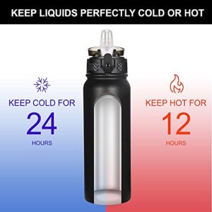 GOPPUS Kids Water Bottle with Straw Spout Wide Mouth Lid 20 oz Leak Proof Double Walled Metal Insulated Stainless Steel Sports Water Bottles with Strap Handle Stickers for Boys Girls School(3 Lids)
