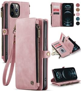 defencase for iphone 12 pro max case wallet for women, durable pu leather magnetic flip lanyard strap wristlet zipper card holder phone cases, rose pink