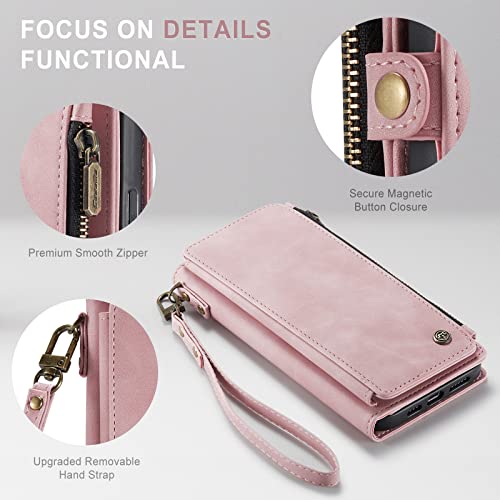 Defencase for iPhone 12 Pro Max Case Wallet for Women, Durable PU Leather Magnetic Flip Lanyard Strap Wristlet Zipper Card Holder Phone Cases, Rose Pink