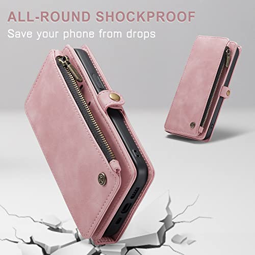 Defencase for iPhone 12 Pro Max Case Wallet for Women, Durable PU Leather Magnetic Flip Lanyard Strap Wristlet Zipper Card Holder Phone Cases, Rose Pink