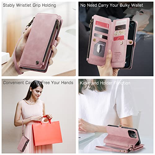 Defencase for iPhone 12 Pro Max Case Wallet for Women, Durable PU Leather Magnetic Flip Lanyard Strap Wristlet Zipper Card Holder Phone Cases, Rose Pink