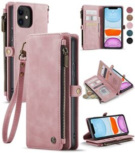 defencase wallet case for women men, durable pu leather magnetic flip lanyard strap wristlet zipper card holder phone cases for iphone 11 6.1-inch, rose pink