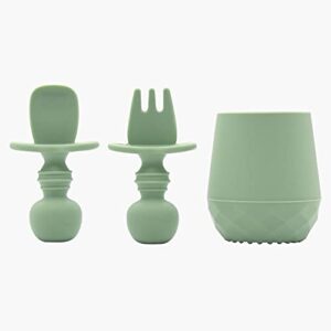tooshka silicone baby utensils & tiny cup - bpa free - baby led weaning - baby spoon, fork & training cup for 6 months+ anti-choke baby feeding supplies (sage)