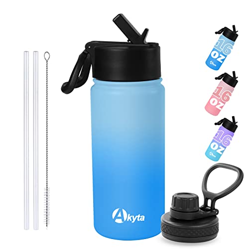 Akyta 16 oz Kids Water Bottle- Stainless Steel Vacuum Insulated Water Bottles, Keep Water Cold or Hot, Leakproof Wide Mouth Thermos Sports Metal Water Bottle With Straw/Spout lid (Blue, 16oz)