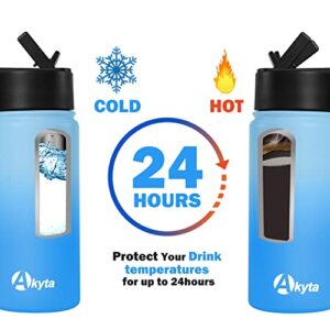 Akyta 16 oz Kids Water Bottle- Stainless Steel Vacuum Insulated Water Bottles, Keep Water Cold or Hot, Leakproof Wide Mouth Thermos Sports Metal Water Bottle With Straw/Spout lid (Blue, 16oz)
