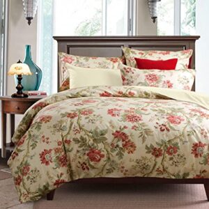 mixinni red floral duvet cover queen green leaves pattern bedding duvet cover set with zipper closure 4 corner ties for him and her-(3pcs, queen size)