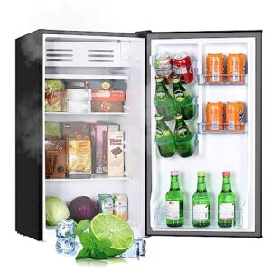 frestec mini fridge with freezer, 3.1 cu.ft mini refrigerator with one-touch easy defrost, compact small refrigerator for dorm, bedroom, office, energy saving, 37 db low noise, stainless steel