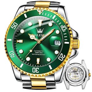 olevs automatic watches for men self winding submariner green face watch men luxury watches stainless steel two tone watches big face mechanical men's wrist watches relojes de hombre