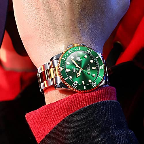 OLEVS Automatic Watches for Men Self Winding Submariner Green Face Watch Men Luxury Watches Stainless Steel Two Tone Watches Big Face Mechanical Men's Wrist Watches relojes de Hombre