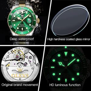 OLEVS Automatic Watches for Men Self Winding Submariner Green Face Watch Men Luxury Watches Stainless Steel Two Tone Watches Big Face Mechanical Men's Wrist Watches relojes de Hombre