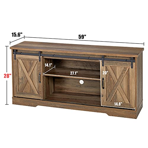 AMERLIFE TV Stand Sliding Barn Door Farmhouse Wood Entertainment Center, Storage Cabinet Table Living Room with Adjustable Shelves for TVs Up to 65", Reclaimed Barnwood