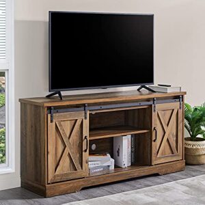 amerlife tv stand sliding barn door farmhouse wood entertainment center, storage cabinet table living room with adjustable shelves for tvs up to 65", reclaimed barnwood