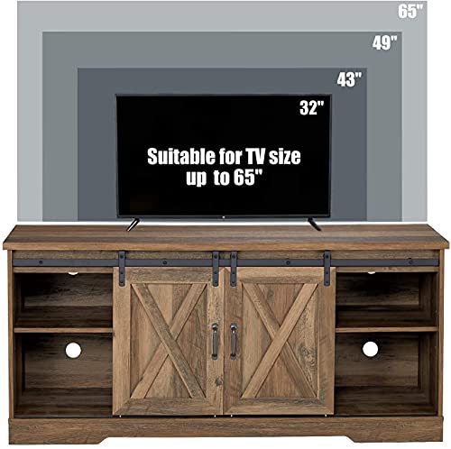 AMERLIFE TV Stand Sliding Barn Door Farmhouse Wood Entertainment Center, Storage Cabinet Table Living Room with Adjustable Shelves for TVs Up to 65", Reclaimed Barnwood