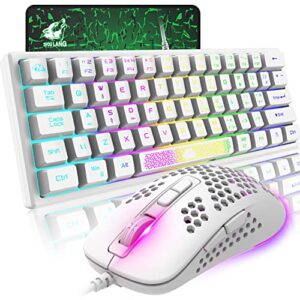 60% gaming keyboard and mouse,rainbow led backlit gaming keyboard with wired mini portable ergonomic 2400 dpi ultralight gaming honeycomb shell mouse,mouse pad for windows pc gamers(white)