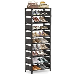 sunvito 10 tiers shoe rack, tall narrow shoe rack sturdy stackable shoe shelf storage organizer, holds 20-25 pairs vertical shoe stand for closets, entryway, black